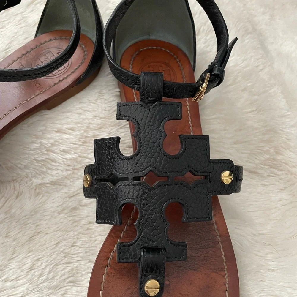 Tory Burch Black Leather Logo T-Strap Sandals